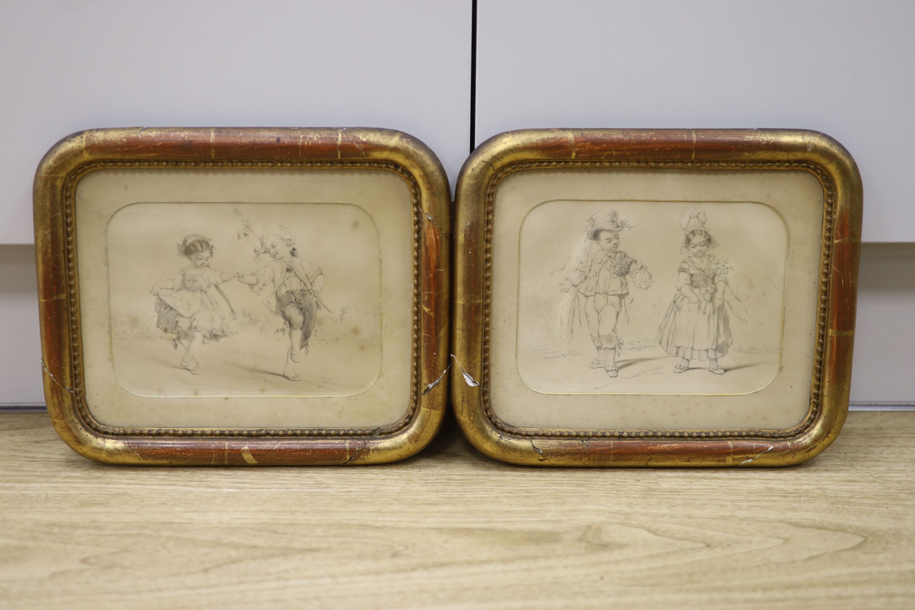 A pair of Victorian hand tinted lithographs of children, in gilt frames, 14 x 19cm